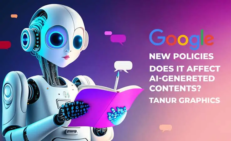 A robot utilizing A.I. generated content reads a book on Google's new policies and examines their impact on content.