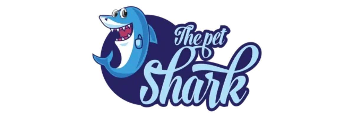 Blue and White Shark Illustration, Also written The Pet Shark. This is a Iconic Logo of The Pet Shark