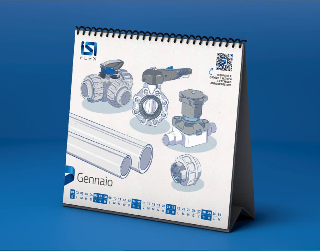 A calendar featuring various pipe and valve products within the Elementor Products Archive.