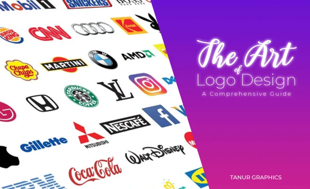 a collage of logos and a text on the right side saying The art of Logo design.