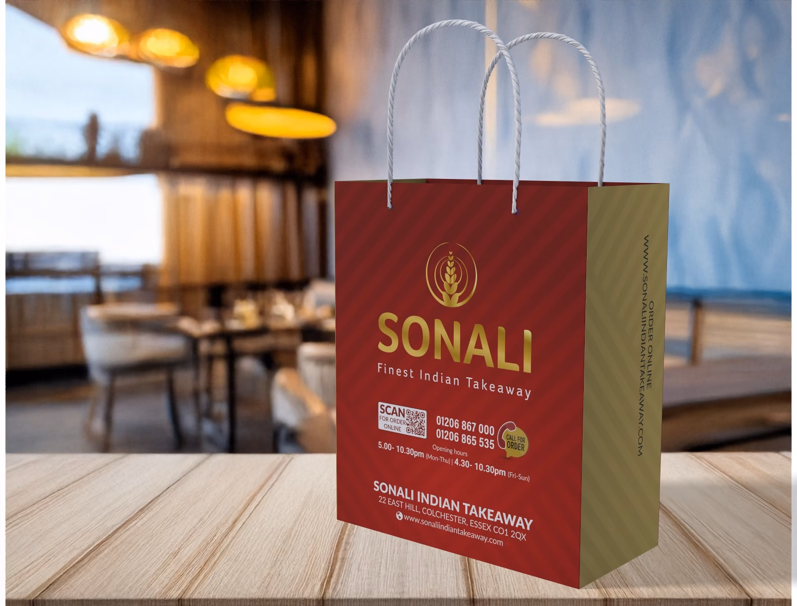 Sonali Indian Takeaway branded tote bag design — packaging mockup by Tanur Graphics