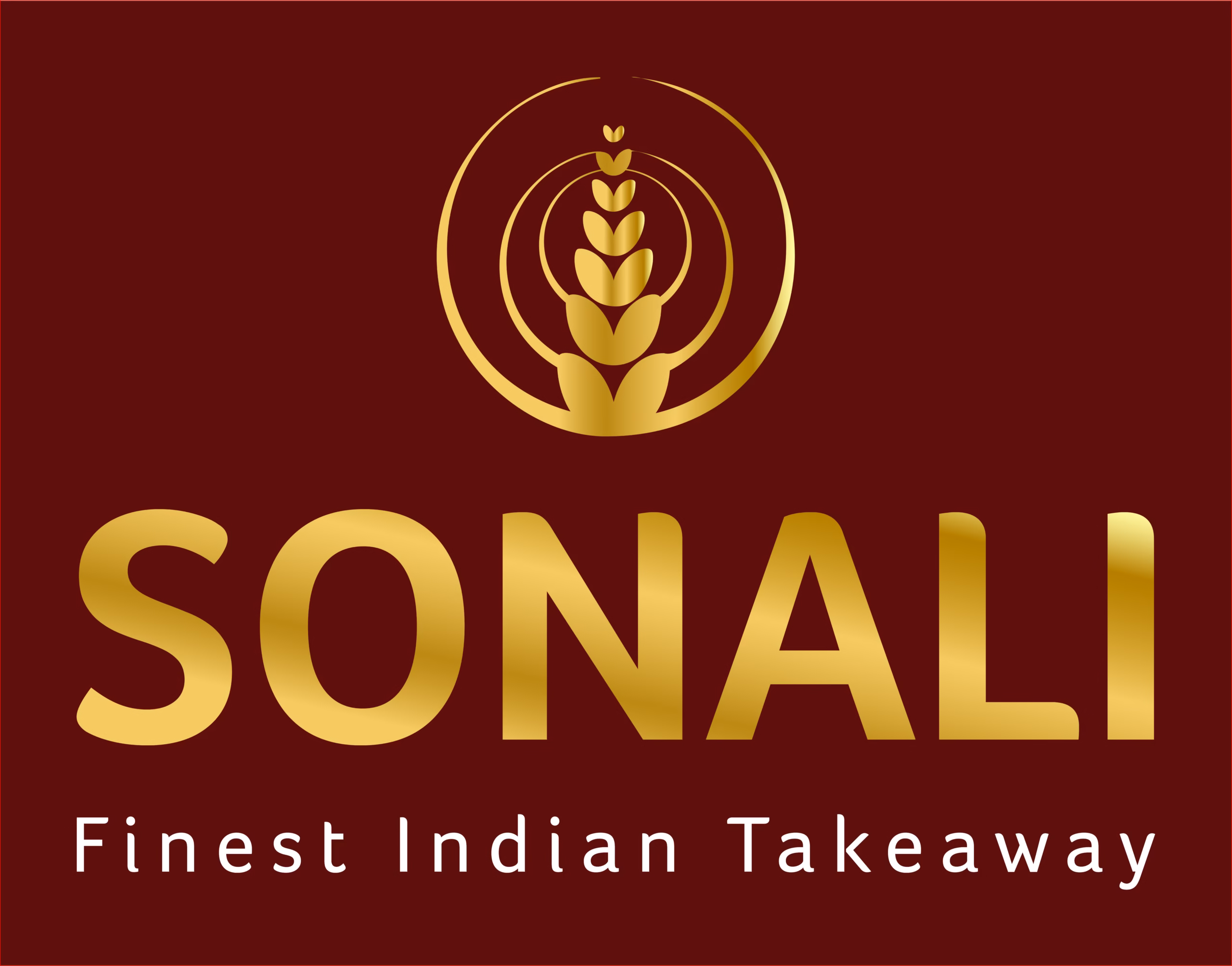 Sonali Indian Takeaway brand identity design — logo on dark crimson background