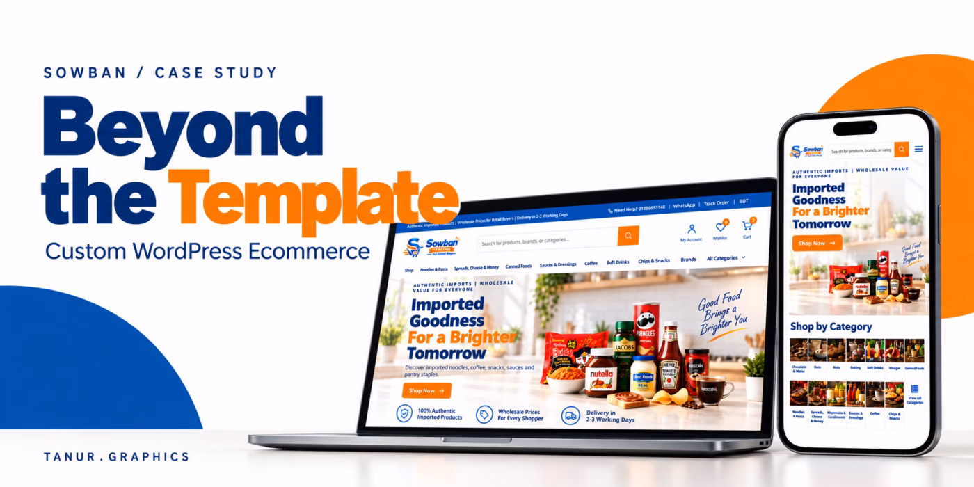 Custom WordPress ecommerce case study showing the Sowban storefront on desktop and mobile