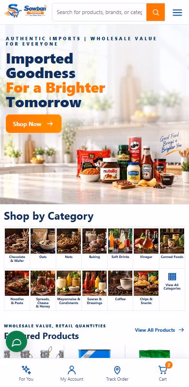 Compact full mobile view of the Sowban storefront with search, grocery hero, categories and bottom navigation