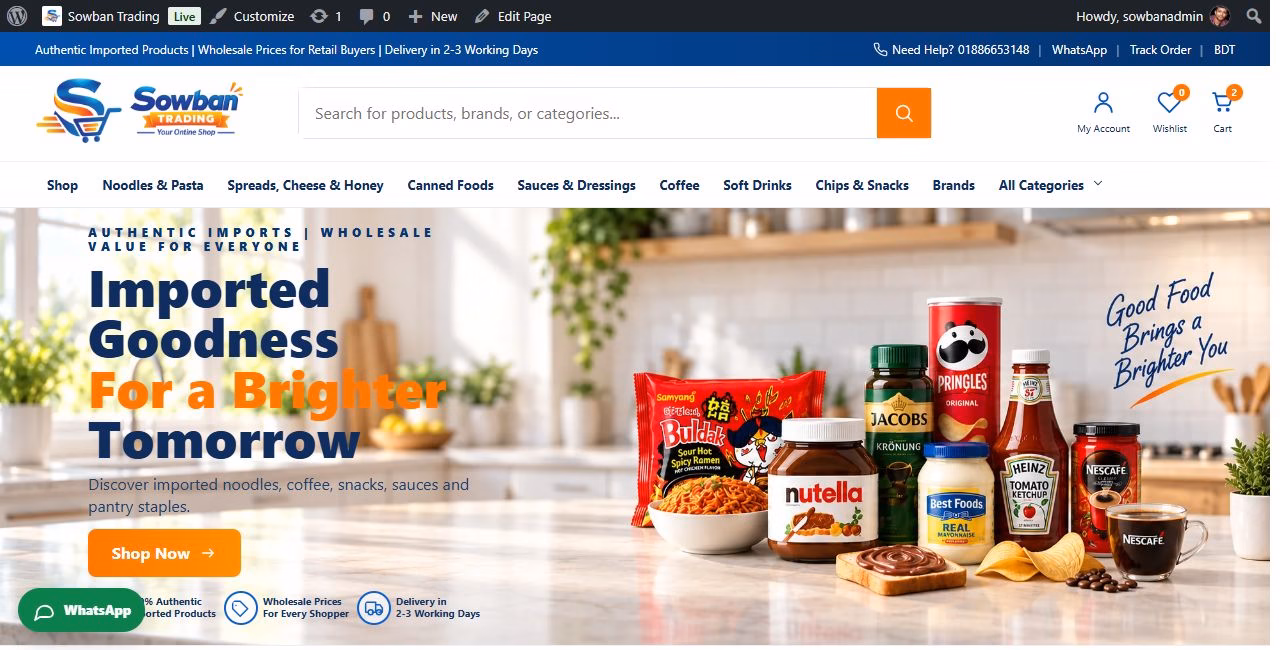 Sowban desktop storefront with imported grocery products, category navigation and a prominent search field